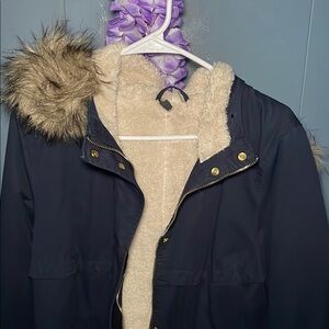 Women's Navy Faux Fur Hooded Jacket
